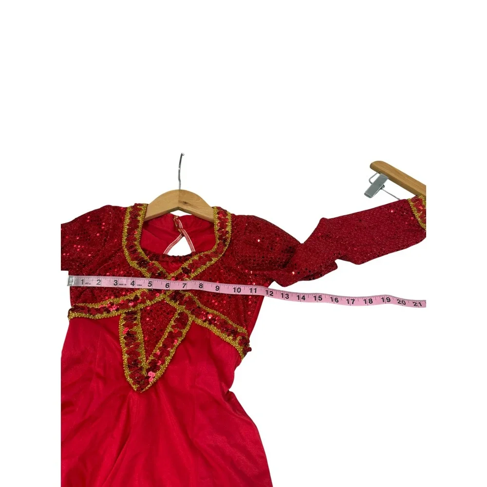 VTG Red Sequin Long Sleeve Dance Costume Dress Gold Trim Girls Medium